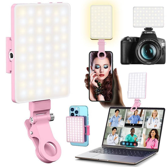 60 LED Portable Selfie Light Video Conference Lighting with Clip & Camera Tripod Adapter Rechargeable 2000mAh CRI 97+, 3 Light Modes for Phone iPhone Webcam Laptop Photo Makeup (Pastel Pink)