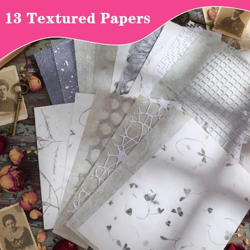 IANFAN 20 Sheets A5 Textured Scrapbook Paper & Mesh Fabric Set, Handmade Scrapbook Art Paper Craft Textured Papers Mix for Scrapbooking Junk Journal Card DIY