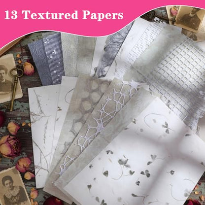 IANFAN 20 Sheets A5 Textured Scrapbook Paper & Mesh Fabric Set, Handmade Scrapbook Art Paper Craft Textured Papers Mix for Scrapbooking Junk Journal Card DIY