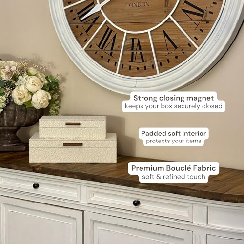 Set of 2 Ivory Bouclé Fabric Decorative Boxes with Wooden Handles, Modern Jewelry Boxes, Storage Boxes, Keepsake Boxes, Photo Memory Organizer, 14.2x8.6x3.5in