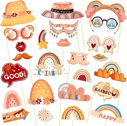 25Pcs Boho Photo Booth Props with Stick, Bohemian Theme Selfie Props, Boho Rainbow Birthday Party Supplies, Photography Backdrop Decorations