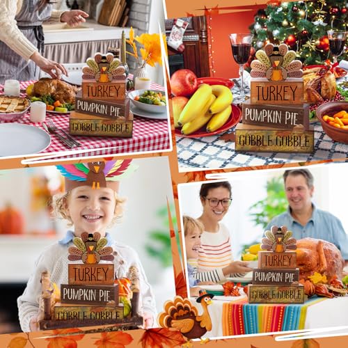 Lineshading 4 Pcs Thanksgiving Decorations for Home Wooden Turkey Decor Fall Tiered Tray Decor Thanksgiving Table Centerpiece Rustic Wooden Turkey Block Sign for Autumn Harvest Party Kitchen Shelf - style: Classic Turkey