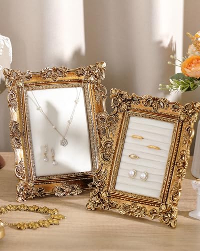 Wonderjune 2 Pcs Gold Jewelry Display Stand Vintage Necklace Organizer Ring Holder Earring Tray Resin Jewelry Photography Props Frame with Velvet Backing for Gifts (White,Large,Small,Hollowed out) - color: White, size: Large,Small, style: Hollowed out