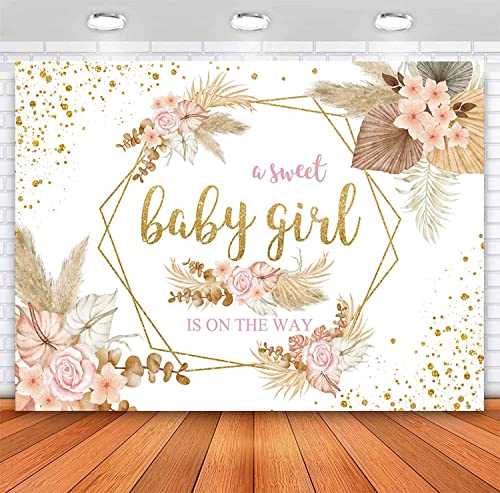 Sensfun Boho Sweet Girl Baby Shower Backdrop It's A Girl Baby Shower Photography Background Blush Pink Floral Pampas Grass Party Decorations Banner Newborn Photo Shoot Props 7x5ft