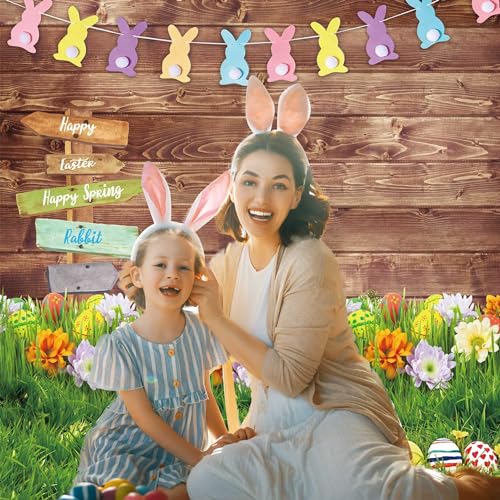 8x10ft Polyester Spring Backdrop Easter Photography Background Eggs Road Sign Wooden Wall Flowers Grass for Kids Newborn Party Decoration Portrait Photo Booth Props - size: 8'x10'