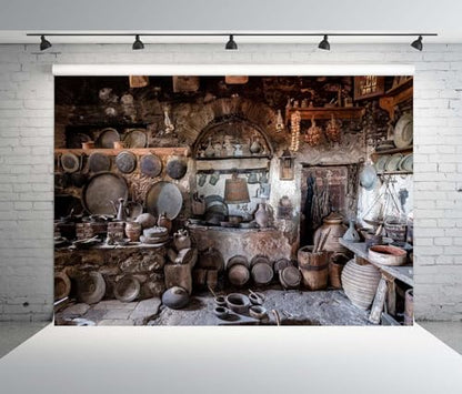 10x8ft Fabric Rustic Old Kitchen Backdrop Old Village Stone Kitchen Antique Pantry Monasteries in Meteora Greece Background Rural Farmhouse Cooking Utensils Backdrop Photo Booth Props - size: 10x8FT