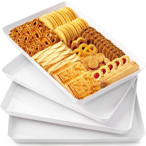WOWBOX 4 pcs Serving Tray for Party, Grilling Accessories, Serving Platters for Snacks, Fruit, Reusable Plastic Trays for Serving Food and Pantry Organization in Kitchen & for Mothers Day Parties - color: White