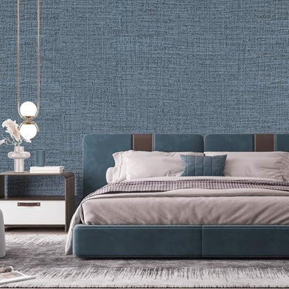 Blue Gray Grasscloth Peel and Stick Wallpaper 17.3"x120" Faux Linen Textured Contact Paper Removable Self Adhesive Vinyl Wallpaper for Bedroom Bathroom Kitchen Cabinets - color: Blue/Gray, size: 17.3" x 120"