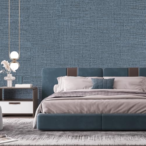 Blue Gray Grasscloth Peel and Stick Wallpaper 17.3"x1200" Faux Linen Textured Contact Paper Removable Self Adhesive Vinyl Wallpaper for Bedroom Bathroom Kitchen Cabinets - color: Blue/Gray, size: 17.3" x 1200"