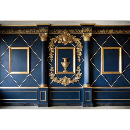 Royal Blue Palace Wall Backdrop 5x3ft Navy Gold Castle Wall Living Room Interior Backdrops for Photography Wedding Ceremony Graduation Birthday Decorations Webcast Background Studio Props - color: royal blue, size: 5x3ft
