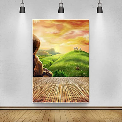 AOFOTO 5x7ft Photography Backgrounds Photo Backdrop Dreamy Pastoral Scenery Cartoon Painting Rosy Clouds Sheep Grass Hillside Wood Floor Props Video Studio Baby Kid Artistic Portrait Vinyl Wallpaper - size: 5x7ft