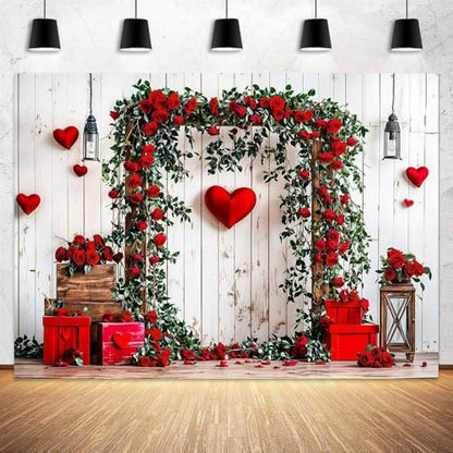 6 x 4 ft Valentine's Day Backdrop Rustic Barn White Wall Red Rose Love Heart Balloon Background Wedding Bridal Party Valentine's Day Engagement Backdrops Portrait Photo Booth Props - color: Red4, size: 6x4ft