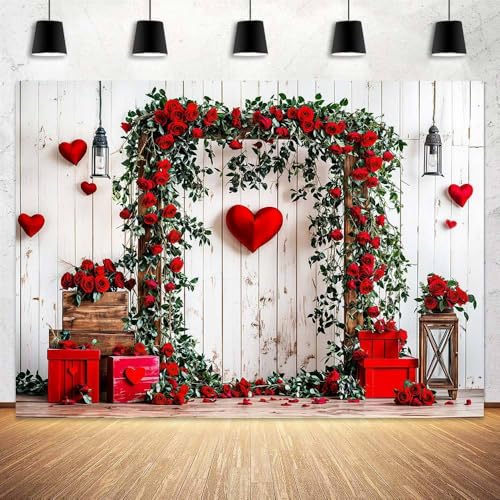 6 x 4 ft Valentine's Day Backdrop Rustic Barn White Wall Red Rose Love Heart Balloon Background Wedding Bridal Party Valentine's Day Engagement Backdrops Portrait Photo Booth Props - color: Red4, size: 6x4ft