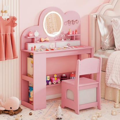 Costzon Kids Vanity, Girls Vanity Set with Lighted Mirror, Bookshelf, Drawers, Hooks & Storage Shelves, Toddler Makeup Vanity Desk Dressing Table, Wooden Kids Vanity Table and Chair Set (Pink) - style: Pink with Bookshelf