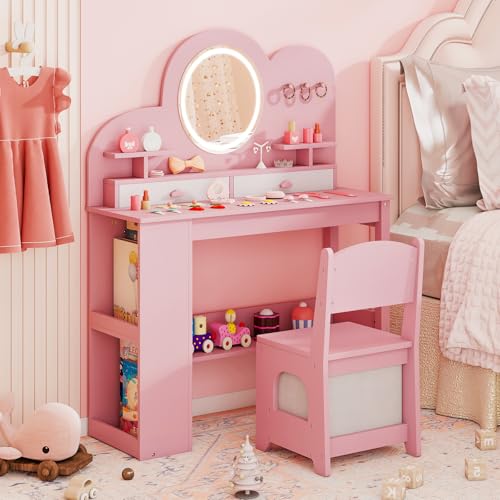 Costzon Kids Vanity, Girls Vanity Set with Lighted Mirror, Bookshelf, Drawers, Hooks & Storage Shelves, Toddler Makeup Vanity Desk Dressing Table, Wooden Kids Vanity Table and Chair Set (Pink) - style: Pink with Bookshelf