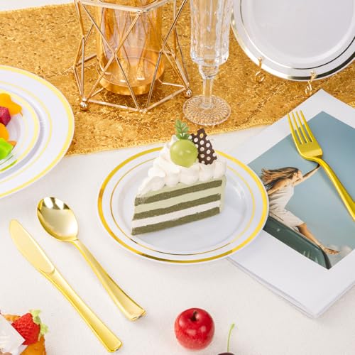 BESTSTAR 7 Inch White with Gold Rim Plastic Plates,100PCS Disposable Dessert/Appetizer/Small Cake Plates,Heavy Duty Plate Ideal for Wedding and Birthday - color: White Gold, size: 7 inch