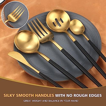 5-Piece Matte Black Gold Stainless Steel Large Hostess Set With Round Edge Satin Finish Dishwasher Safe - Large Serving Set Including Fork, Knife, Sugar Spoon And Slotted Spoon - color: Blackgold, size: 5-piece