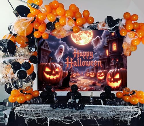 12x8ft Halloween Backdrops for Photoshoot Spooky Golden Full Moon Pumpkin Ghosts Happy Halloween Photo Backdrop for Photography Haunted Mansion Decorations Background Studio Photo Booth Props - color: Orange, size: 12x8ft
