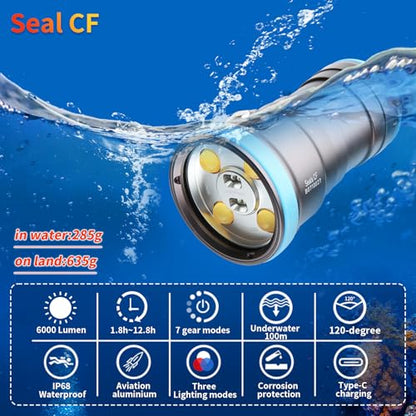 Seal CF 6000 Lumen Dive Light for Underwater Photography, 100m Underwater Video Light 96 CRI with 120 Degree Wide Beam Angle Scuba Flashlight for Professional Dive Photography Fill Light - size: Seal CF