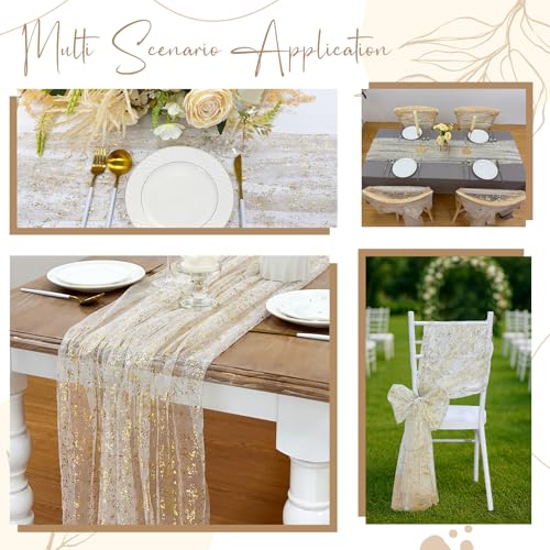 AerWo 4 Pcs Gold Table Runner 10FT, Boho Gold Foil Glitter Sheer Sequin Table Runners 120 Inches Long, Wedding Centerpiece Tables Decorations for Party Supplies Birthday Christmas Runners Decorations - size: 4 Pieces, style: Gold