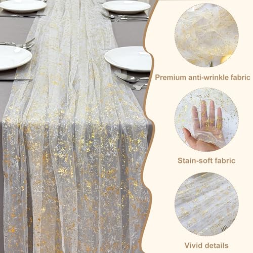 AerWo 4 Pcs Gold Table Runner 10FT, Boho Gold Foil Glitter Sheer Sequin Table Runners 120 Inches Long, Wedding Centerpiece Tables Decorations for Party Supplies Birthday Christmas Runners Decorations - size: 4 Pieces, style: Gold