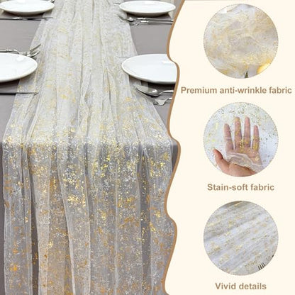 AerWo 4 Pcs Gold Table Runner 10FT, Boho Gold Foil Glitter Sheer Sequin Table Runners 120 Inches Long, Wedding Centerpiece Tables Decorations for Party Supplies Birthday Christmas Runners Decorations - size: 4 Pieces, style: Gold