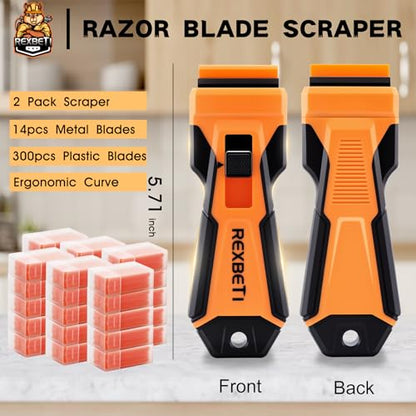 REXBETI Razor Blade Scraper Tool, 2 Pack Razor Scraper with Extra 314Pcs Razor Blades -14Pcs Metal and 300Pcs Plastic Blades, Cleaning Scraper Tool, Cooktop, Paint, Glass Scraper - style: Upgraded 2 Pack