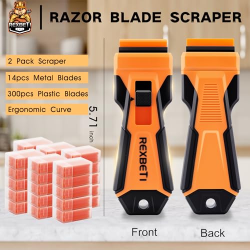 REXBETI Razor Blade Scraper Tool, 2 Pack Razor Scraper with Extra 314Pcs Razor Blades -14Pcs Metal and 300Pcs Plastic Blades, Cleaning Scraper Tool, Cooktop, Paint, Glass Scraper - style: Upgraded 2 Pack