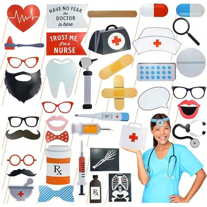 40 Pcs Professional Medical Photo Booth Props Kit for Adult Events, Dental Office Celebrations, Doctor & Nurse Graduation, Hospital-Themed Photoshoot Accessories with Wooden Sticks