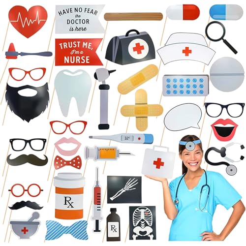 40 Pcs Professional Medical Photo Booth Props Kit for Adult Events, Dental Office Celebrations, Doctor & Nurse Graduation, Hospital-Themed Photoshoot Accessories with Wooden Sticks