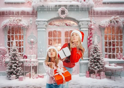 12x8ft Pink Christmas Backdrop Snow Scene Xmas Trees Candy Cane Photography Background Merry Christmas Party Banner Decorations Women Girls Portraits Photo Studio Props - size: 12x8ft
