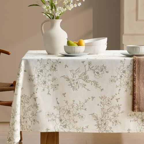 Linen Floral Tablecloths Rectangular Farmhouse Vintage French Rustic Tablecloth Green Flowers Pattern Burlap Textured Outdoor Table Cover for Picnic,Dining,Party,Home Decor 55x90 Inch - color: Green on Cream, size: 90" x 55" (Rectangular)