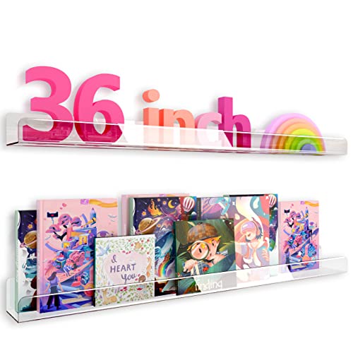 36 Inch 50% Thicker Clear Acrylic Book Shelves, Invisible Kids Wall Bookshelves for Baby Storage Book Rack, Toy Organizer, Book Display, Playroom, Bedroom, Toddler Room, Nursery 2 Packs - color: 36in-clear