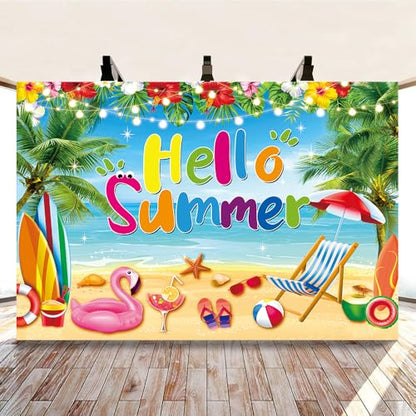 Hello Summer Backdrop Hawaiian Seaside Beach Photography Background Pool Party Background Hawaiian Tropical Themed Party Decorations Banner (7x5FT（210x150cm）) - size: 7x5FT（210x150cm）
