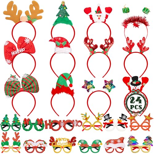 24 Pieces Christmas Headbands and Glasses Frames Bundle Set, Christmas Party Favors, Cute Eyeglasses Headwear Set with Santa Hat, Snowman, Tree Designs, Christams Party Supplies, Decor, Photo Props - style: 24 Pcs
