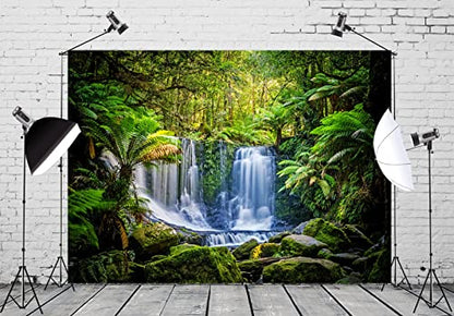 BELECO 12x8ft Fabric Jungel Forest Waterfall Photography Backdrop Tropical Rainforest Cascade Green Trees Landscape Background Walking Travel Outdoor Camping Activity Photo Shoot Studio Props - size: 12x8FT