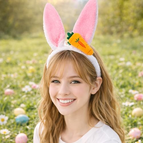 Bunny Ears Headband, 5.1 x 11 in White Fluffy Plush Bunny Ear Headband with Carrot Accent for Cosplay Costumes Easter Bunny Ears Dress Up Photo Props, Soft Rabbit Ears Easter Headbands Adult