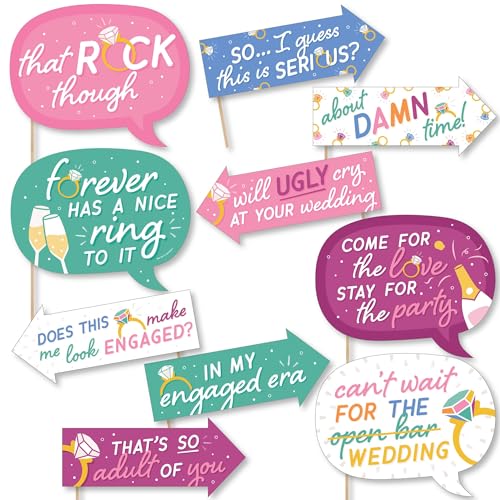 Photo Booth Props Kit for Engagement Party - 10-Piece Speech Bubble and Arrow Set, Premium Cardstock Photo Props with Assembly Sticks - Colorful - color: Just Engaged - Colorful