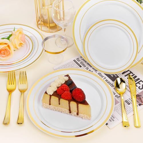 BESTSTAR 7 Inch White with Gold Rim Plastic Plates,100PCS Disposable Dessert/Appetizer/Small Cake Plates,Heavy Duty Plate Ideal for Wedding and Birthday - color: White Gold, size: 7 inch