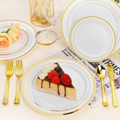 BESTSTAR 7 Inch White with Gold Rim Plastic Plates,100PCS Disposable Dessert/Appetizer/Small Cake Plates,Heavy Duty Plate Ideal for Wedding and Birthday - color: White Gold, size: 7 inch