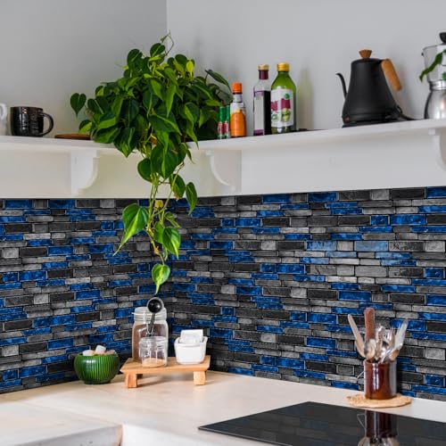 3D Textured Peel and Stick Backsplash Tiles - 20-Sheets 9.69"x4.72" Waterproof Self-Adhesive Tile for Kitchen, Bathroom - Black & Blue - color: Black&Blue