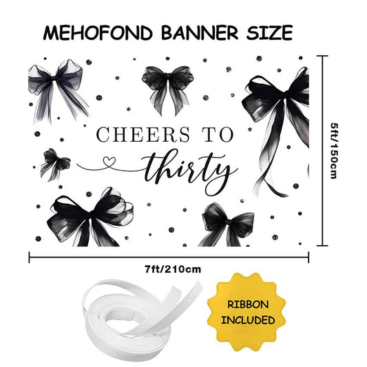 MEHOFOND 7x5ft Coquette 30th Birthday Backdrop for Women Cheers to Thirty Photography Background Black Bow Theme Birthday Party Banner 30 Years Celebration Party Photo Props - color: Black, size: 7x5ft