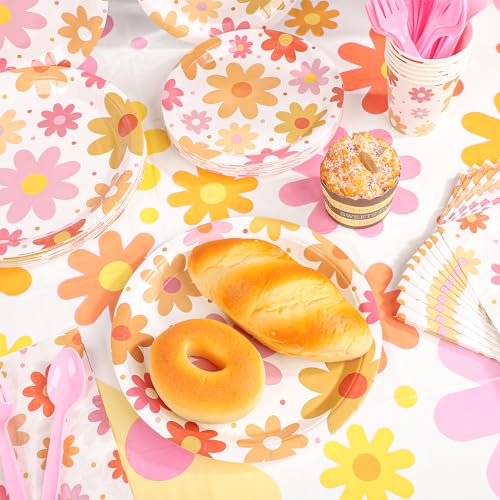 Groovy Party Supplies Daisy Groovy Tableware Set Serves 24 Include Boho Daisy Tablecloth Hippie Tableware Set for Boho Hippie Retro Birthday Baby Shower Party Decor
