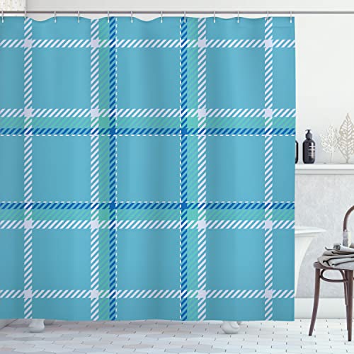 Ambesonne Plaid Shower Curtain, Retro Vibe Scottish Style Checkered Motif with Aquatic Stripes Pattern, Cloth Fabric Bathroom Decor Set with Hooks, 69" W x 70" L, Deep Sky Blue and Seafoam - color: Deep Sky Blue and Seafoam, size: 69" W x 70" L