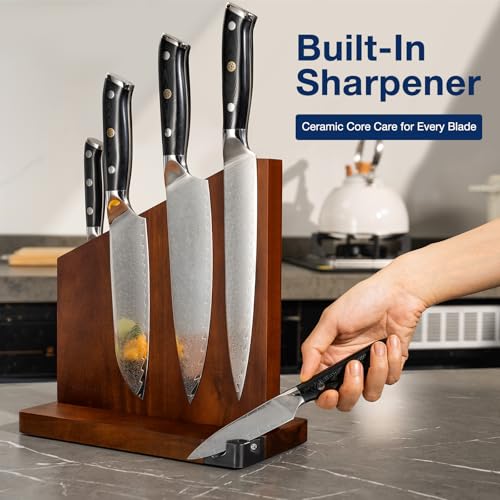 Gourmetop Magnetic Knife Holder with Built-in Sharpener, 100% Acacia Wood Magnetic Knife Block without Knives, Strong Double-Sided Magnetic Knife Holder for Kitchen Countertop Organization, Dark Wood - color: Dark Wood