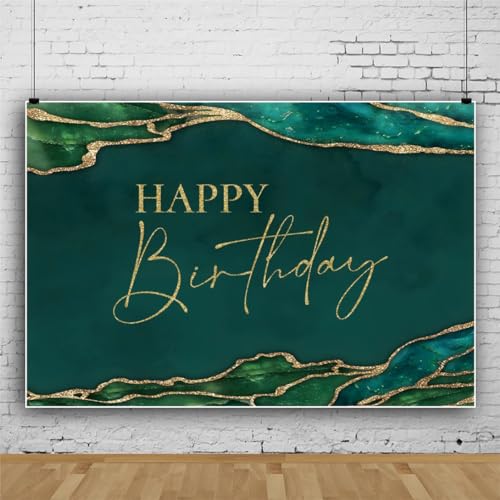 10x8ft Emerald Green Happy Birthday Backdrop for Photography Emerald Green Marble Texture Gold Fluid Birthday Party Decors Background Banner Supplies Cake Table Gift Favors Portrait Props - color: Emerald Green, size: 10x8ft