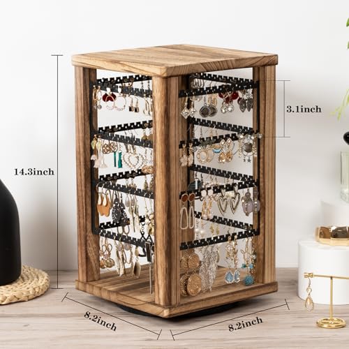 Emfogo 360 Earring Holder Organizer, Rustic Wood Earring Stand, Rotating Wooden Display, 4 Tiers Earring Organizer Stand for Stud Earrings, Hoop Earrings & Necklaces, Women Gifts - color: Brown