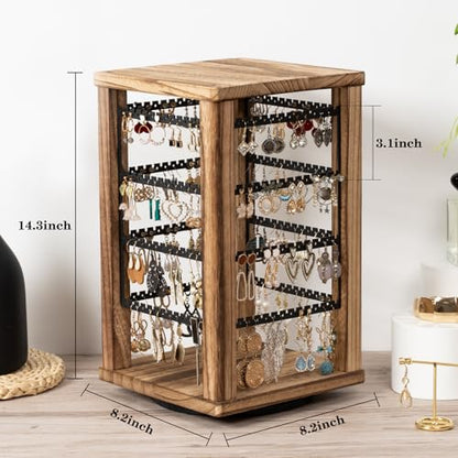 Emfogo 360 Earring Holder Organizer, Rustic Wood Earring Stand, Rotating Wooden Display, 4 Tiers Earring Organizer Stand for Stud Earrings, Hoop Earrings & Necklaces, Women Gifts - color: Brown