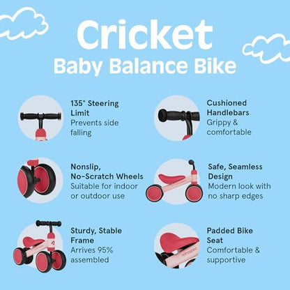 Retrospec Cricket Baby Balance Bike, 4-Wheel Ride-On Toy for Ages 12-24 Months – First Bike & Toddler Bike for 1 Year Old Boys & Girls, First Birthday Gift - color: Blush