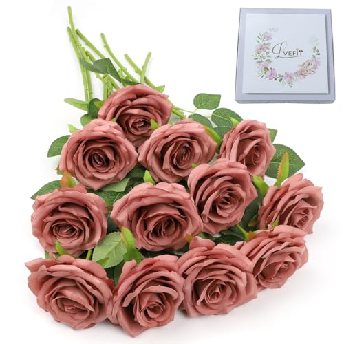LVEFIT Artificial Rose Flower Dusty Rose Flowers Silk Flowers 12 pcs with Long Stem Silk Roses Bouquet for Wedding Bridal Shower Party Home Decoration - color: Dusty Rose, size: 12pcs